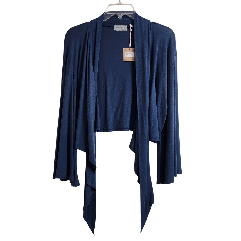 NEW Hello Nite Size S Teal Blue Open Front Slub Knit Cardigan Bell Sleeve